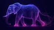  a purple and blue elephant standing on top of a purple floor next to a purple wall and a black background.