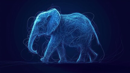 Wall Mural -  a blue elephant standing in the middle of a dark room with lines of light coming out of it's trunk.