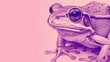  a close up of a frog on a pink background with a white spot in the center of the frog's eye.