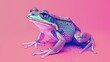  a close up of a frog on a pink and pink background with a reflection of the frog's head.