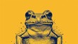  a close up of a frog on a yellow background with a black and white photo of it's face.