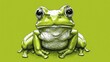  a green frog with big eyes sitting on a green surface with drops of water on the frog's legs.