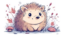  A Drawing Of A Hedgehog Sitting In The Grass With A Mushroom In The Foreground And Leaves In The Background.