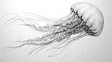  A Drawing Of A Jellyfish In Black And White With Bubbles Of Water On The Bottom Of It's Head.