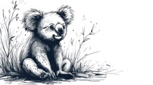  A Black And White Drawing Of A Koala Sitting In A Field Of Tall Grass And Looking At The Camera.