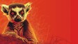  a close up of a lemura on a red background with a blurry image of it's face.