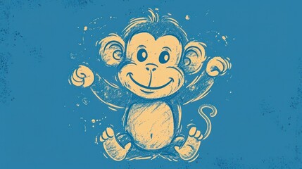  a drawing of a monkey with a smile on it's face and two hands in the air, sitting on a blue background.