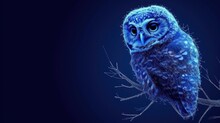  A Blue Owl Sitting On Top Of A Tree Branch In Front Of A Dark Blue Background With A Small Amount Of Light Coming From Its Eyes.