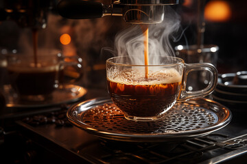 Espresso on the coffee maker with smoke.