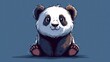  a panda bear sitting on the ground with its paws on it's chest and eyes wide open, with a blue background.