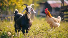 Goat And Free Range Chicken On Organic Animal Farm Freely Grazing In Yard On Ranch Background. Hen Chickens Domestic Goat Graze In Pasture. Modern Animal Livestock, Ecological Farming   