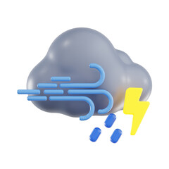 3d windy rain with thunder, 3d render icon illustration, transparent background, weather