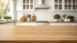 Empty wooden table top on blur scandinavian kitchen room background, Mockup banner for display of advertise product, Background of food photo posting