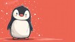  a penguin with a red background and snowflakes on its head is standing in front of a red background.