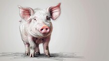  A Pig With A Pink Nose And Ears Standing In Front Of A White Background With A Line Drawing Of A Pig's Face.