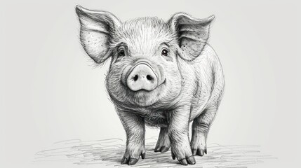 Wall Mural -  a black and white drawing of a pig looking at the camera with a sad look on it's face.