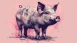  a drawing of a pig standing in front of a pink background with the words pig on it's side.