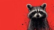  a raccoon standing in front of a red wall with a black and white drawing of it's face.
