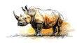  a drawing of a rhinoceros standing in front of a white background with a splash of paint on it.