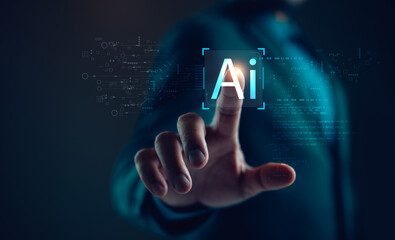 Aufkleber - Technology and people concept man use AI to help work, AI Learning and Artificial Intelligence Concept. Business, modern technology, internet and networking concept. AI technology in everyday life.