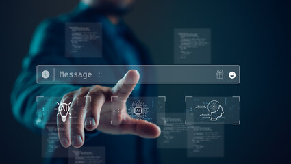 Fototapete - Ai technology, Artificial Intelligence. Man using technology smart robot AI, artificial intelligence by enter command prompt for generates something, Futuristic technology transformation. Chat with AI
