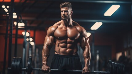 powerful fitness routine: muscular man bodybuilder training and posing with weights and barbell in t
