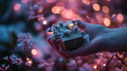 Wall Mural -  a person's hand holding a small gift box with a flower on it in front of a boke of lights.