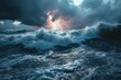 Stormy seascape with stormy sea waves and sun rays