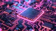 Glowing purple neon circuit board chip tech background. Generative AI