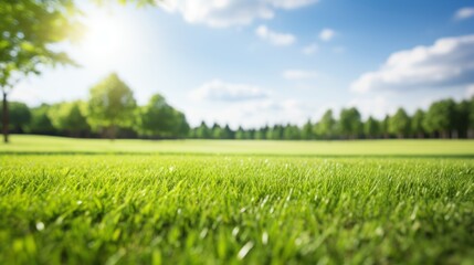 Poster - Beautifully blurred background of spring nature with a green lawn with fresh grass surrounded by trees, against a background of blue sky with clouds on a bright sunny day.