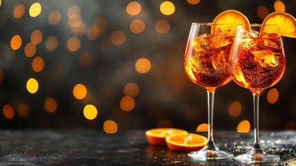 Wall Mural -  two glasses of wine with orange peels on a table with a boke of lights in the back ground.