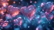  three pink hearts floating in the air on a blue and pink boke of light with bubbles in the background.