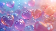  A Group Of Pink And Blue Hearts Floating In The Air On A Blue And Pink Background With Bubbles In The Air.