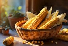 Delicious Yellow Cobs Of Corn In A Basket Over The Wooden Kitchen Counter.