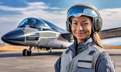 Portrait of a Caucasian female military fighter jet pilot with jet plane airfield background.