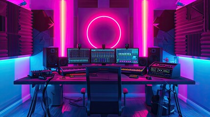 Wall Mural - Contemporary recording studio with glowing neon lights and ring lamp with video camera mixer and computer with columns