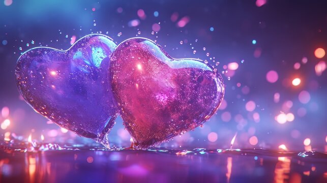  two purple hearts sitting next to each other in front of a blue and pink background with boke of lights.