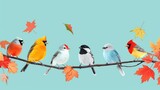 Fototapeta Dinusie -  a group of birds sitting on top of a branch in front of a leaf filled sky with an umbrella in the background.