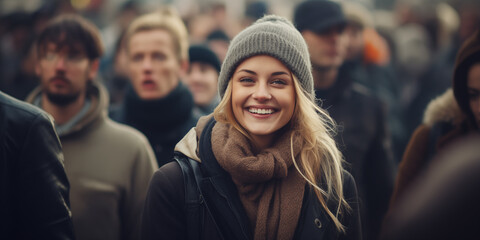 Beautiful blonde woman is smiling in front of large crowd of people, 
