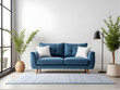 Blue sofa or snuggle chair and pot with branch. Interior design of modern living room.