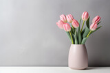 Fototapeta Tulipany - Pink tulip bouquet in glass vase on a minimalist table. Elegant home decoration. AI Generative.