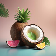 Wall Mural - Whimsical Pop Art Illustration of Tropical Coconut Water in a Coconut Shell on Gradient Background Gen AI