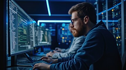 Poster - smart male it programer working on desktop green mock-up screen computer in data center system contr