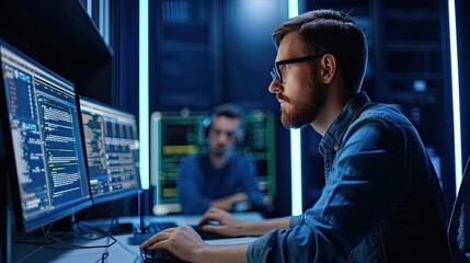 Poster - smart male it programer working on desktop green mock-up screen computer in data center system contr