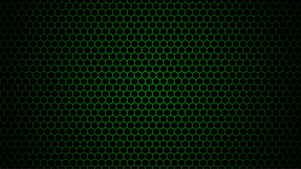 Poster - Dark green technology hexagonal vector background. Abstract green bright energy flashes under hexagon in dark technology, modern, futuristic vector illustration. Green honeycomb texture grid.