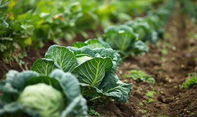 Canvas Print - Fresh green cabbages flourishing in the fertile farm soil.