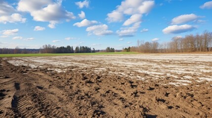 Poster - A spring plowed field partially covered with snow against a background of trees and blue sky on a sunny day. Farm, Agricultural Landscape.