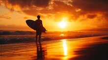Silhouette Of Surfer In Hawaiian T-shirt With Surf Board Standing On The Beach At Sunset And Looking Far, Panoramic