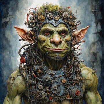 In a mesmerizing watercolor painting, a strikingly imaginative dieselpunk avant-garde troll emerges, commanding attention with its innovative demeanor.