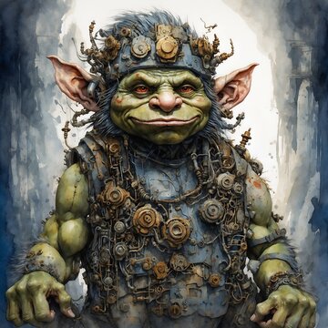 In a mesmerizing watercolor painting, a strikingly imaginative dieselpunk avant-garde troll emerges, commanding attention with its innovative demeanor.